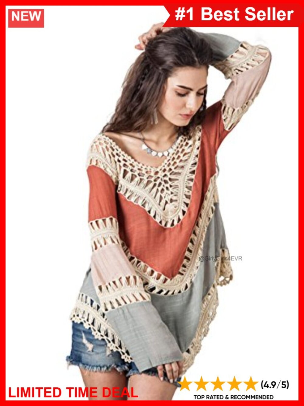 Boho V-Neck Crochet Tunic Cover-Up Cotton Linen Blend Beach Swim